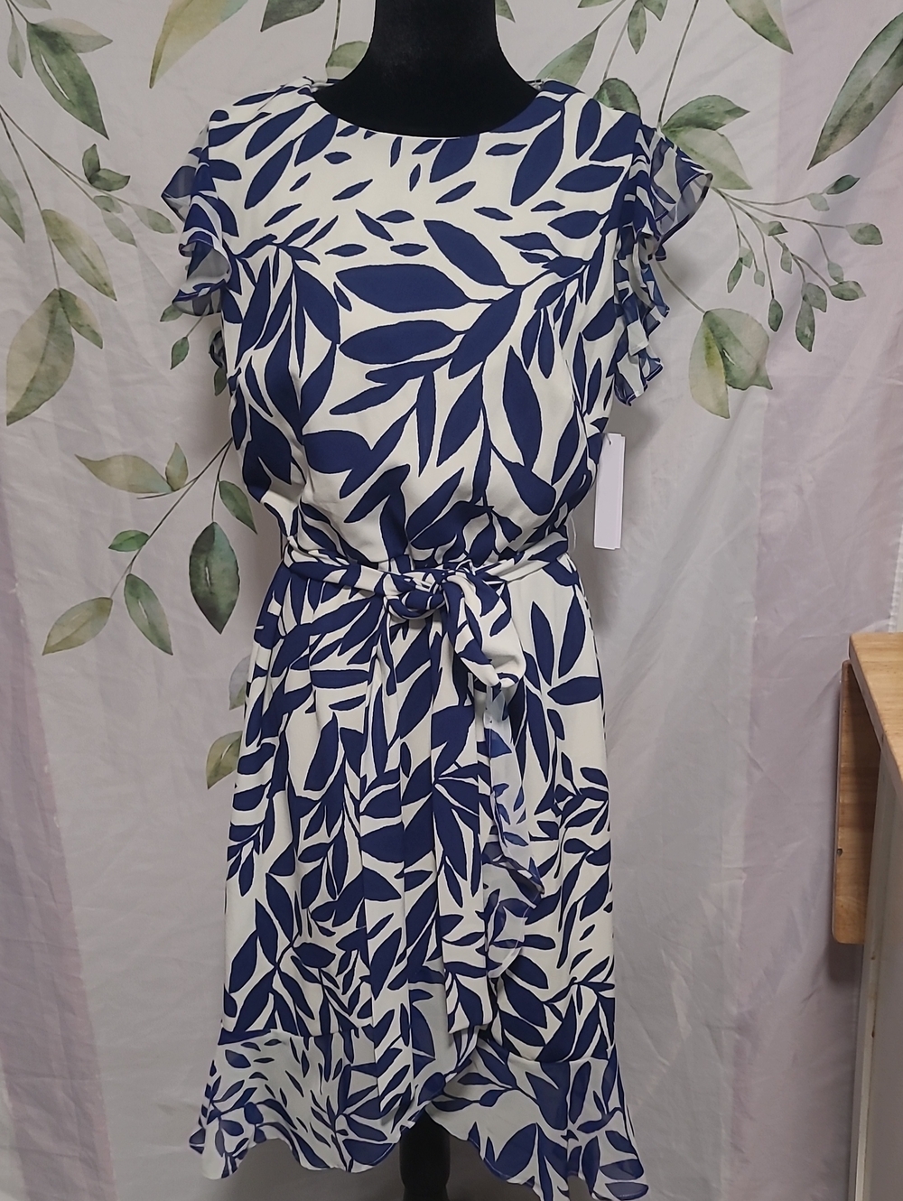 Shelby & Palmer Navy and White Leaf-Print Tie-Waist Midi Dress